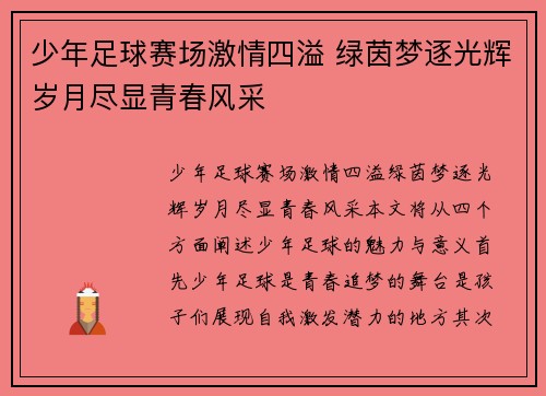 少年足球赛场激情四溢 绿茵梦逐光辉岁月尽显青春风采
